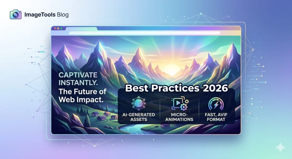 hero images best practices 2026 guide showing dimensions LCP optimization and mobile cropping for web design