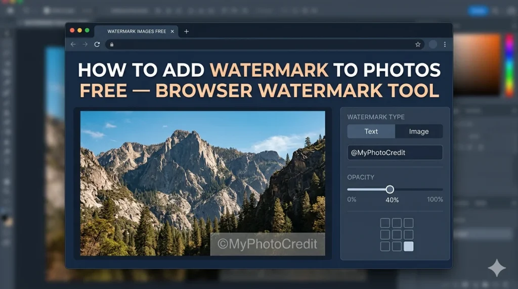 how to add watermark to photos free — browser watermark tool showing text overlay at bottom-right with 40 percent opacity slider