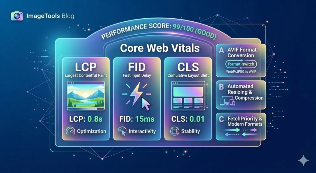core web vitals image optimization guide showing LCP CLS fix before after scores 2026