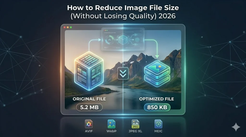 reduce image file size guide 2026 showing 4 methods compression webp conversion resize and exif stripping