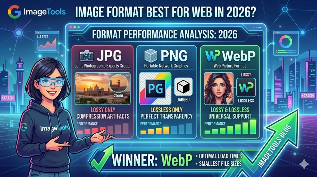 JPG vs PNG vs WebP file size comparison showing WebP is 25-35% smaller than JPG with quality comparison chart